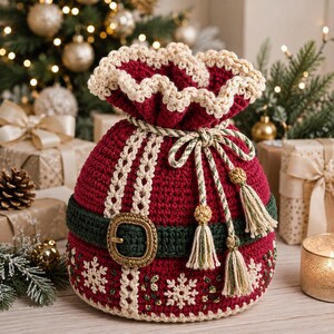 Crochet Santa Sack Pattern PDF, Christmas Gift Bag Crochet Pattern, Drawstring Sack, Advanced Holiday Decor, Instant Digital Download