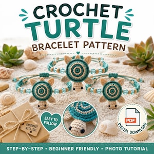 May include: A digital PDF pattern for a crochet turtle bracelet featuring three handmade bracelets with teal and beige yarn turtles, light blue beads, and tan wooden beads. The text reads CROCHET TURTLE BRACELET PATTERN, EASY TO FOLLOW, and DIGITAL DOWNLOAD.