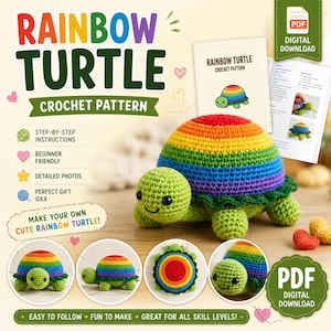 Puede incluir: Un patrón de ganchillo digital para una tortuga arcoíris, con cabeza y extremidades de color verde claro y un caparazón a rayas multicolor. El documento incluye instrucciones paso a paso, fotos detalladas y el texto RAINBOW TURTLE CROCHET PATTERN.