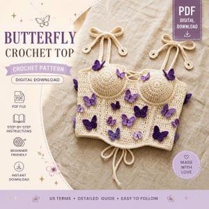 Crochet Butterfly Corset Top Pattern PDF Crochet Bustier Tutorial 3D Butterfly Applique Tie Bow Strap Crop Top Instant Download Digital File