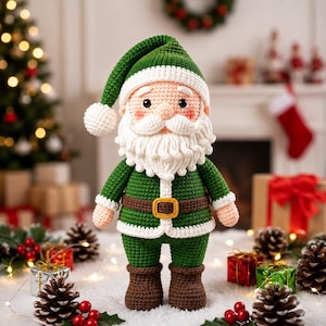 May include: A crocheted Santa Claus doll wearing a green suit with white trim, a matching green hat with a white pom-pom, a brown belt with a gold buckle, and brown boots. The doll has a white beard, rosy cheeks, and black eyes.