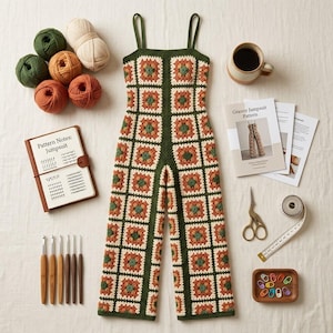 Puede incluir: Un mono de ganchillo hecho de motivos cuadrados en verde, naranja y crema, acompañado de ovillos de lana, un cuaderno con la etiqueta Pattern Notes Jumpsuit, ganchillos, un folleto de patrones, tijeras, una cinta métrica y marcadores.