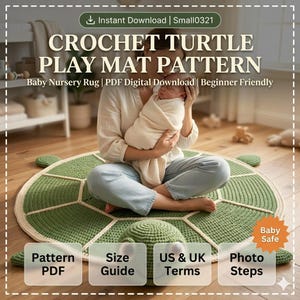 May include: A green and cream crochet turtle play mat pattern. The mat is in the shape of a turtle with a green shell and cream-colored edging. The image includes text that says "CROCHET TURTLE PLAY MAT PATTERN" and "Baby Nursery Rug | PDF Digital Download | Beginner Friendly".