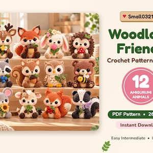 Könnte beinhalten: Eine Sammlung von 12 gehäkelten Amigurumi-Waldtieren, darunter ein Hirsch, Fuchs, Hase, Igel, Waschbär, Eichhörnchen, Eule, Bär, Maus, Rehkitz und Stinktier. Der Text lautet Woodland Friends Crochet Pattern Bundle, Small0321, 12 Amigurumi Animals, PDF Pattern 26 Pages, Instant Download, Easy Intermediate US Terms.