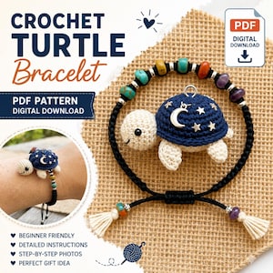 May include: A crochet turtle bracelet pattern digital download featuring a cream and navy blue turtle charm with a silver moon and star embellishment. The bracelet includes colourful beads on a black cord with cream-coloured tassels at the ends.