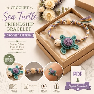 May include: A crochet sea turtle friendship bracelet pattern digital download. The bracelet features a braided multi-colored cord, a central crocheted sea turtle with a purple shell and teal flippers, a wooden bead, and a tassel. Includes text.