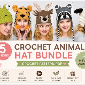 May include: A crochet animal hat bundle featuring five distinct designs: a green frog, a yellow leopard, a brown deer, a gray raccoon, and a white sheep. The digital pattern includes text stating 5 DESIGNS, CROCHET ANIMAL HAT BUNDLE, and CROCHET PATTERN PDF.