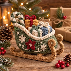 May include: A crocheted dark green sleigh with a cream-colored candy cane handle, decorated with white snowflakes and a red poinsettia. The sleigh holds three small crocheted gift boxes in mustard yellow, cream, and blue, all tied with bows.