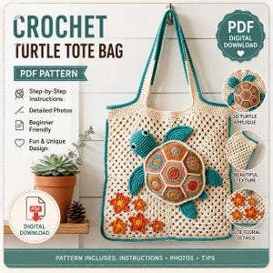 May include: Crochet turtle tote bag PDF pattern. The bag is cream-coloured with a turquoise trim and handles. A 3D turtle applique and orange floral details decorate the bag. The text on the image says "Digital Download".