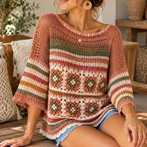 Vintage Häkelanleitung für eine botanische Tunika im Vintage-Stil (PDF), Grandma Square Floral Top, Boho-Tunika mit durchbrochener Spitze, US-amerikanische Häkelbegriffe, mittelschwer, digitaler Download