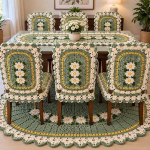 May include: A set of crochet dining chair covers and a matching oval table runner, all featuring a sage green base with white daisy motifs and yellow centers. The chair covers have scalloped cream edges, and a large matching crochet rug sits below.