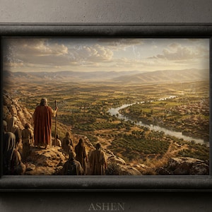 May include: Framed landscape art print depicting a biblical scene. A figure in a red robe stands atop a rocky hill, overlooking a valley with a river. Other figures in brown robes are gathered around. The artwork is framed in a black wooden frame. The text "ASHEN ARTISTRY Co." is at the bottom.