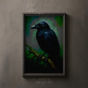 Raven in the Rain Poster – Moody Gothic Crow Printable Wall Art, Dark Nature Bird Illustration Digital Download for Halloween Decor
