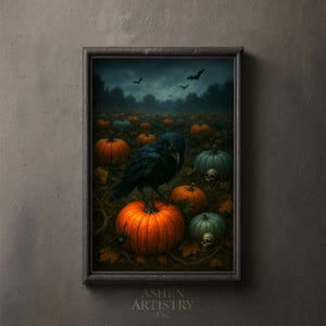 Halloween Crow Printable Wall Art – Gothic Pumpkin Field Decor, Raven and Skull Digital Download, Dark Spooky Poster for Home