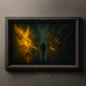 May include: Framed artwork depicting a lone figure walking down a dark, reflective path, flanked by glowing angels on one side and shadowy figures on the other. The artwork has a dark, moody color palette with the text "ASHEN ARTISTRY Co." at the bottom.