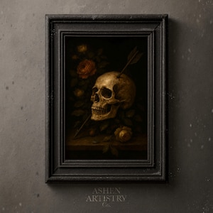 Skull with Roses Wall Art | Gothic Still Life Printable | Dark Academia Skull Decor | Floral Macabre Digital Download | Romantic Goth Print