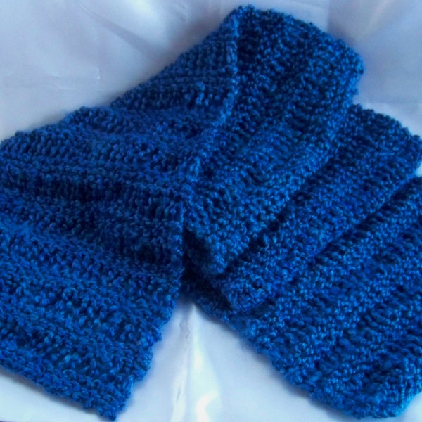 Hand knit extra-long teal blue scarf, winter warm drop stitch design scarf.