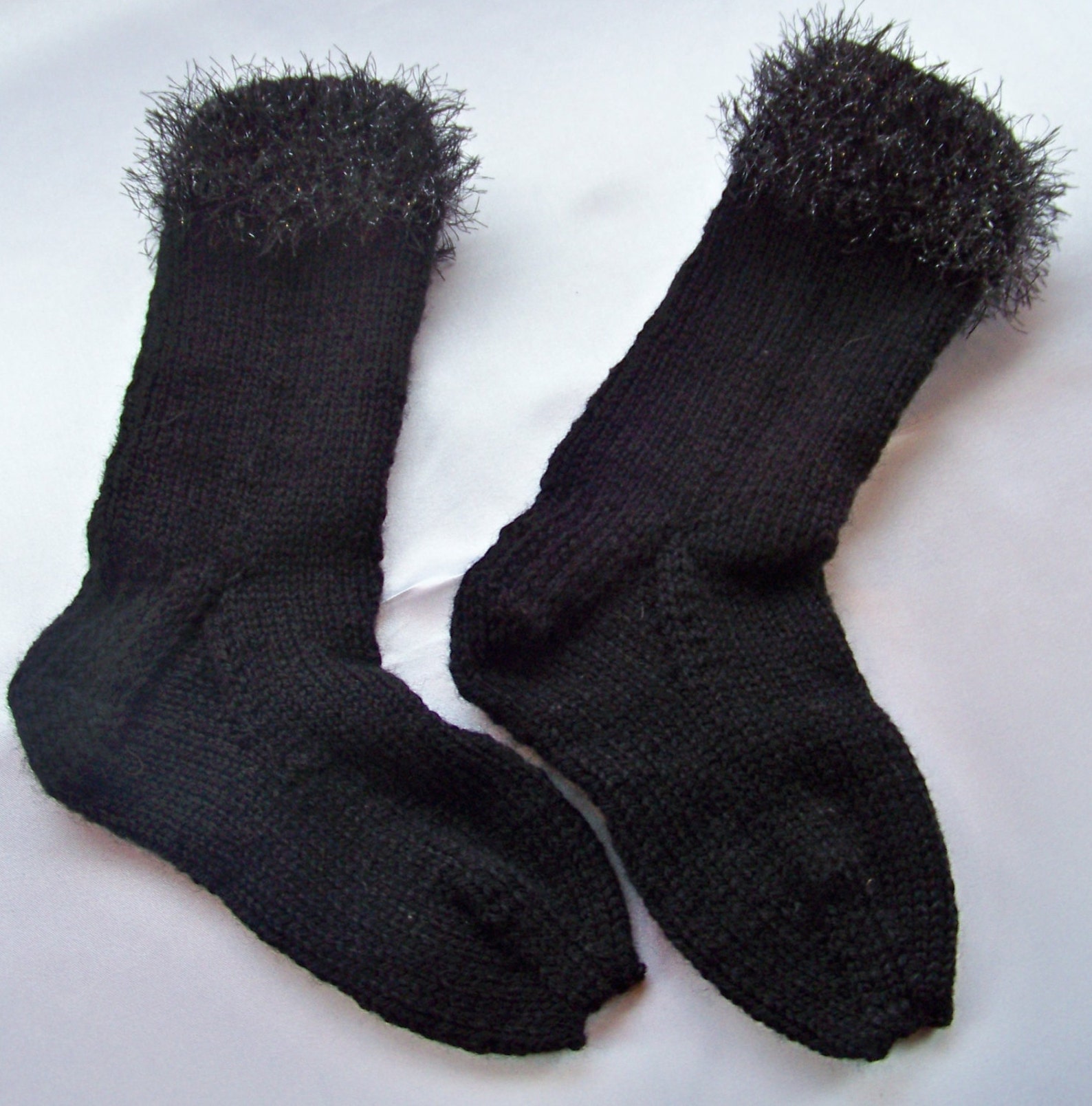 Handknitted Wool Sock Black Wool Socks FunFur Decorated Wool Etsy