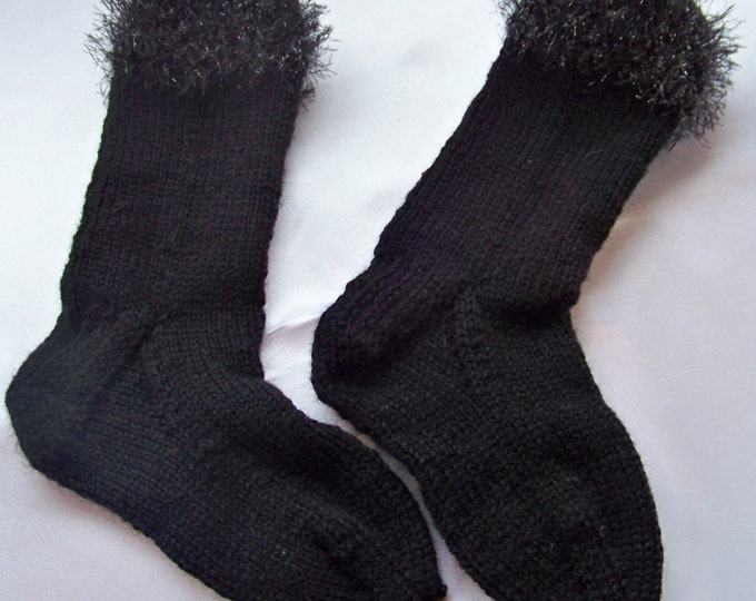 Handknitted Wool Sock Black Wool Socks Funfur Decorated Wool Etsy