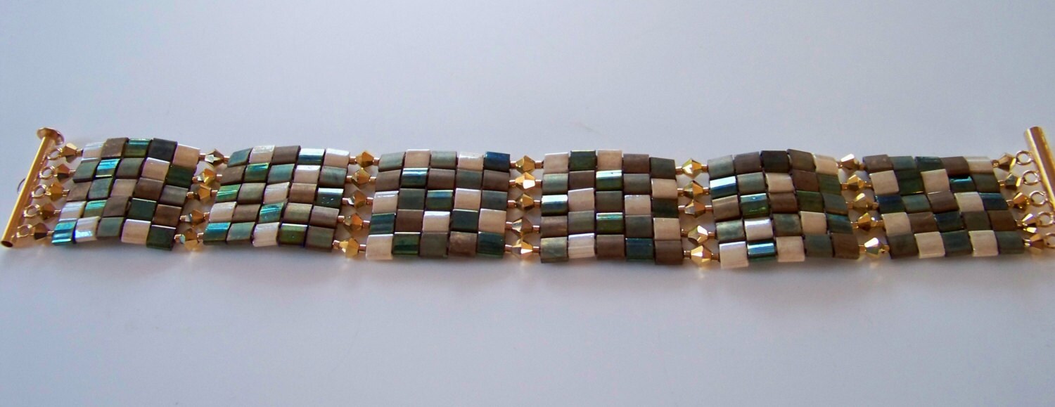 Tiled Bracelet of Mala Green, Bronze, Patina Iris, Carmel Miyuki Tila ...