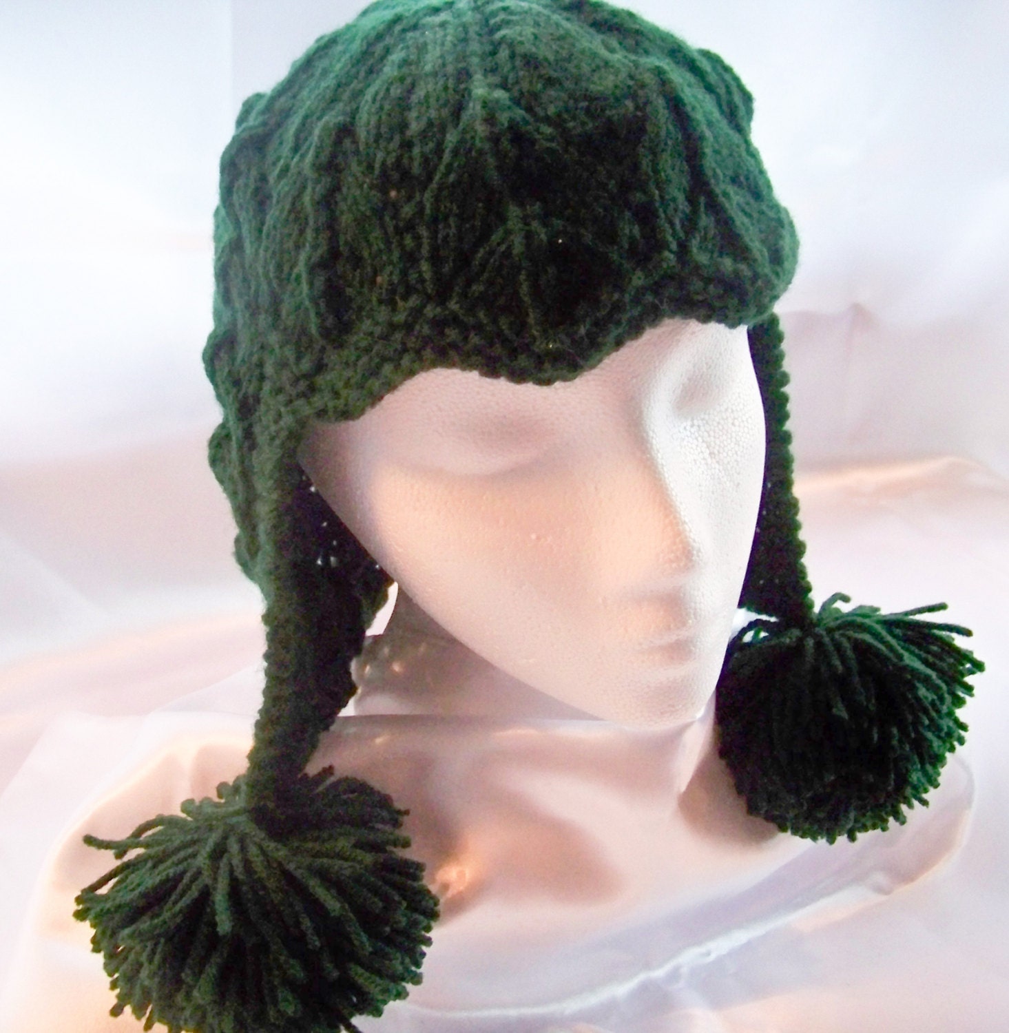 Elegant Handmade Earflaps Hunter Green Hat With Pompoms Etsy