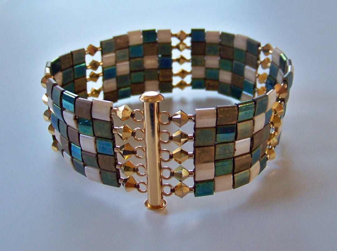 Tiled Bracelet of Mala Green, Bronze, Patina Iris, Carmel Miyuki Tila ...