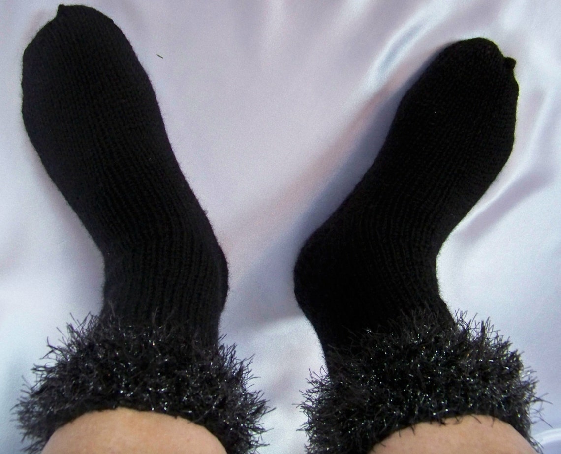 Handknitted Wool Sock Black Wool Socks FunFur Decorated Wool Etsy