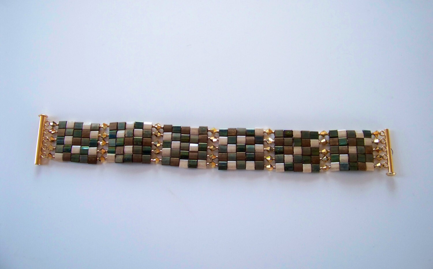Tiled Bracelet of Mala Green, Bronze, Patina Iris, Carmel Miyuki Tila ...
