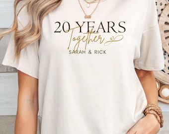 Camiseta de aniversario de 20 años juntos, regalo de boda número 25, camiseta con nombre personalizado para parejas, regalo para aniversarios 10, 20, 30, 40, 50 y 60