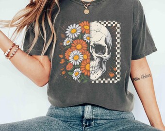 Comfort Colors Boho Floral Skeleton Shirt,Retro Skeleton Halloween Shirt, Halloween Skull Shirt, Spooky Season Shirt, Funny Halloween Shirt