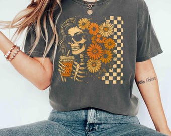 Comfort Colors Boho Floral Skeleton Shirt,Retro Skeleton Halloween Shirt, Halloween Skull Shirt, Spooky Season Shirt, Funny Halloween Shirt
