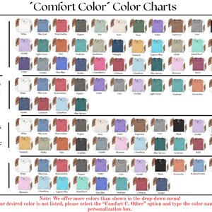 Puede incluir: Una tabla de colores para la ropa Comfort Colors, incluyendo camisetas, sudaderas y manga larga, con una variedad de colores mostrados. La tabla incluye el texto "Comfort Color Color Charts".