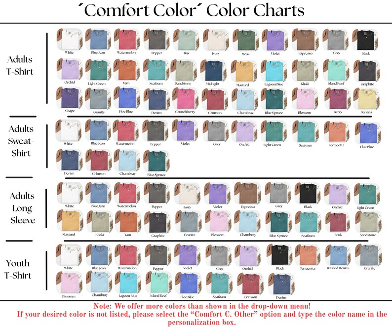Puede incluir: Una tabla de colores para la ropa Comfort Colors, incluyendo camisetas, sudaderas y manga larga, con una variedad de colores mostrados. La tabla incluye el texto "Comfort Color Color Charts".