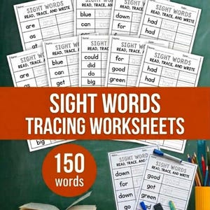 Può includere: Una raccolta di fogli di lavoro per il ricalco di parole visive su carta bianca con colonne per leggere, ricalcare e scrivere parole. I fogli includono testo come Sight Words, Read, Trace, and Write, con parole come blue, can, down, for, had e green.