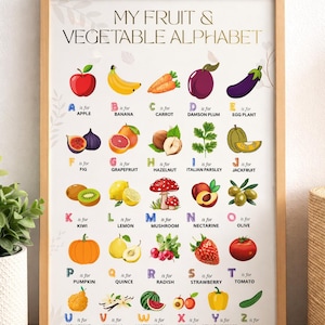 May include: A framed educational poster titled MY FRUIT & VEGETABLE ALPHABET, featuring colorful illustrations of produce for each letter from A to Z, including apple, banana, carrot, damson plum, eggplant, fig, grapefruit, hazelnut, and others.
