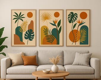 Impresión botánica tropical vibrante para una decoración moderna: arte abstracto de helechos coloridos para una decoración elegante del hogar.