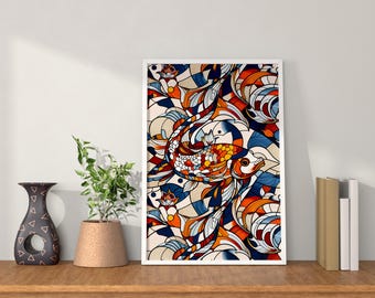 Peut inclure: Impression d'art encadrée avec un motif de carpe koï coloré. L'œuvre présente un poisson koï aux détails complexes dans des tons orange, rouge, bleu et blanc. L'impression est encadrée dans un cadre blanc, pour la décoration intérieure.