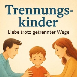 Könnte beinhalten: Buchcover-Illustration mit dem Titel "Trennungskinder" in Blau, mit einem traurigen Kind zwischen zwei Erwachsenen. Der Text "Liebe trotz getrennter Wege" ist ebenfalls sichtbar. Das Buch ist ein Ratgeber für Eltern und Kinder.