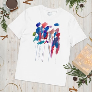 Girl and Flowers T-Shirt – Abstract Art Print, Organic Cotton Tee in White