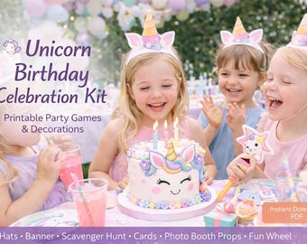 Unicorn Birthday Party Printable Bundle | Games, Hats, Banner (Instant Download)