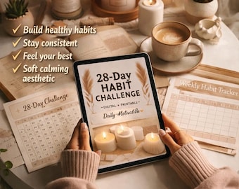 28-Day Habit Challenge Printable | Wellness Planner Bundle | 70+ Stickers | Self-Care Tracker | Digital Download