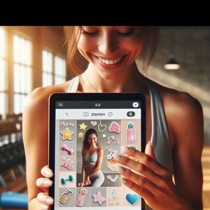 May include: A woman smiling while holding a tablet displaying a fitness app interface. The app features icons of stars, hearts, dumbbells, and water bottles. The app's name is "stonen".