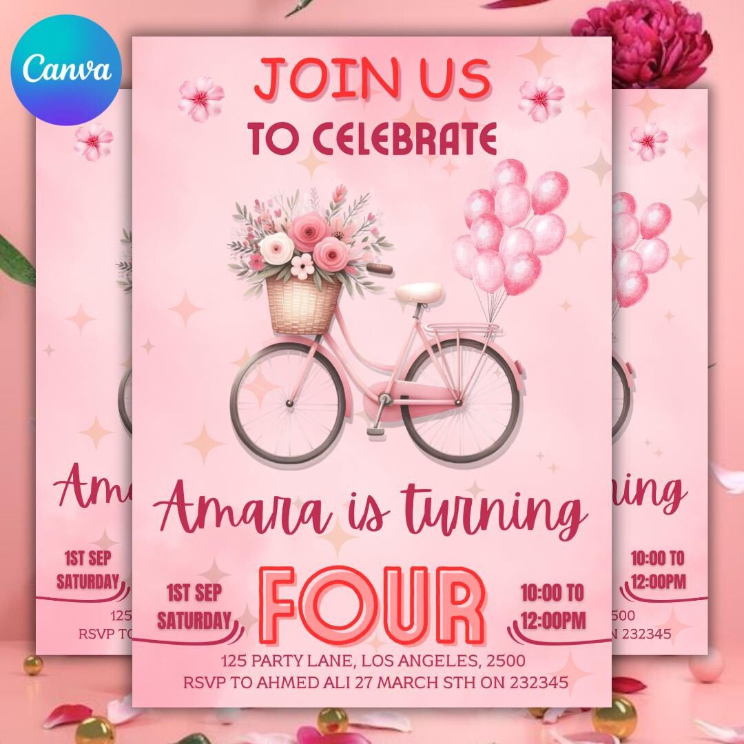 Pastel Bicycle Birthday Invitation, Vintage Cycle Invite, Floral ...