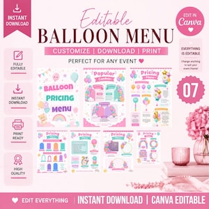 Könnte beinhalten: Eine digitale Vorlage für ein Ballonmenü mit pastellfarbenen Grafiken in Pink, Türkis und Gelb. Der Text umfasst Editable Balloon Menu, Popular Combos und Pricing Menu. Das Layout zeigt verschiedene Ballonarrangements, Bögen und Preislisten.