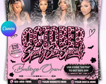 Editable October Booking Flyer Template, Fall Hair Nail Lash Makeup Flyer, October Appointment Flyer, Beauty Salon, Instant Download