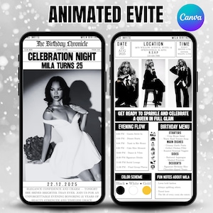 May include: Animated evite for a birthday celebration. Two smartphones display event details. The left phone shows a woman in a white dress, while the right phone has event information, including the date, time, and location.