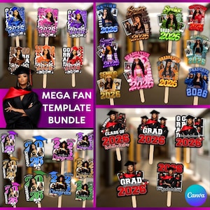 Puede incluir: Una colección de accesorios para fotomatón con temática de graduación en palos de madera. Los accesorios presentan imágenes de graduados, el año 2026 y la palabra "Felicidades". Los accesorios son de varios colores.