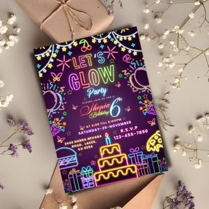 Glow Crazy Birthday Invitation, Neon Glow Party Invite, Let’s Glow Birthday Template, Kids Glow Party, Digital Printable, Canva Editable