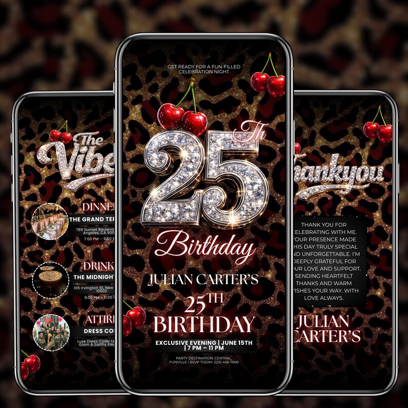 25th Cheetah Print Birthday Invitation, Animated Red Cherry Party Flyer, Vibes Leopard Print Evite, Adult Birthday Dinner, Canva Editable