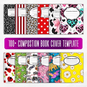 May include: A collection of spiral-bound composition notebooks featuring various patterns including black and white speckles, red stripes, leopard print, red polka dots, cow print with pink bows, hearts, ladybugs, footballs, motorcycles, and daisies.